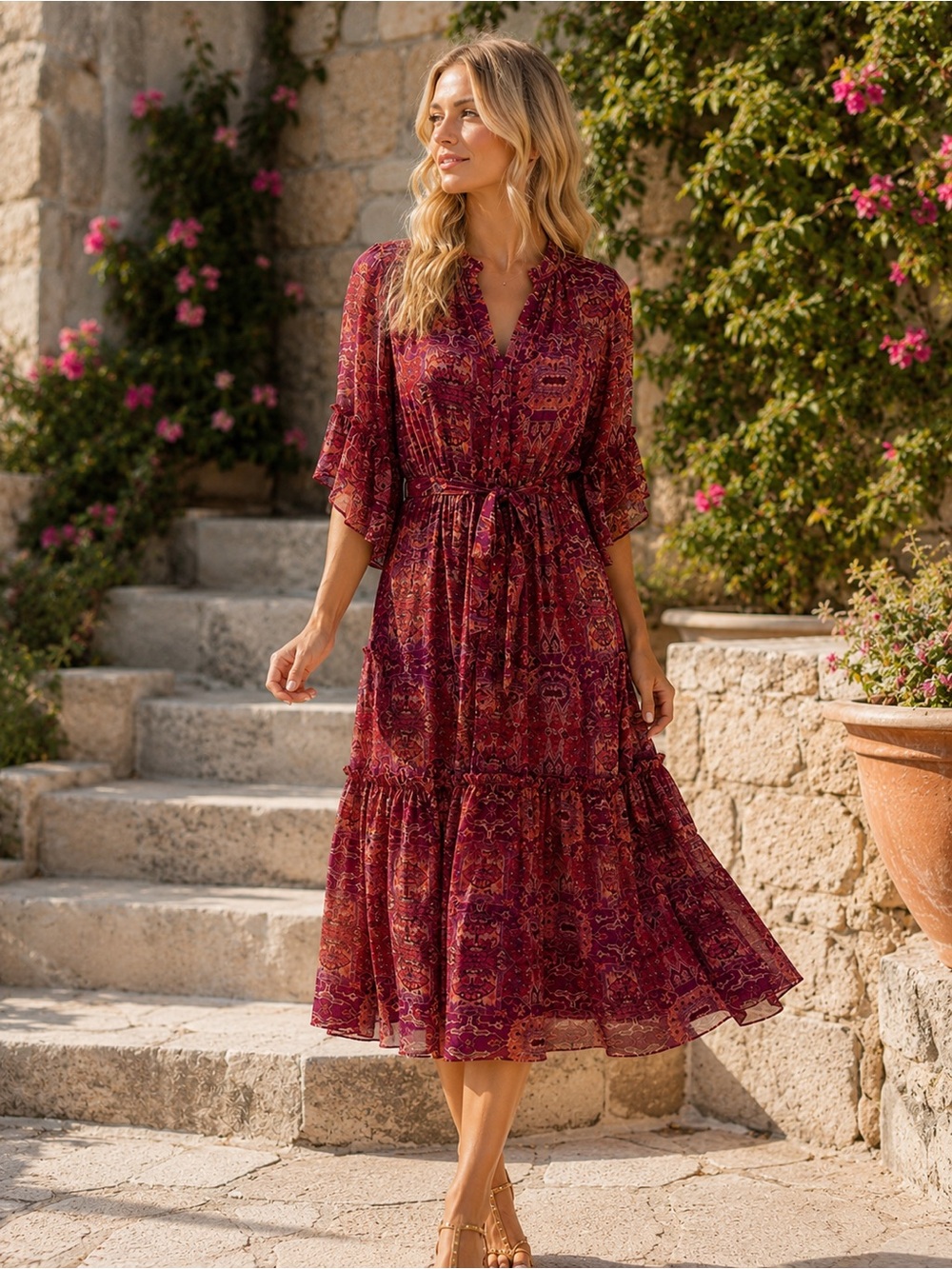 Misa Women's chiffon Burgundy Paisley Tie-Waist Midi Dress